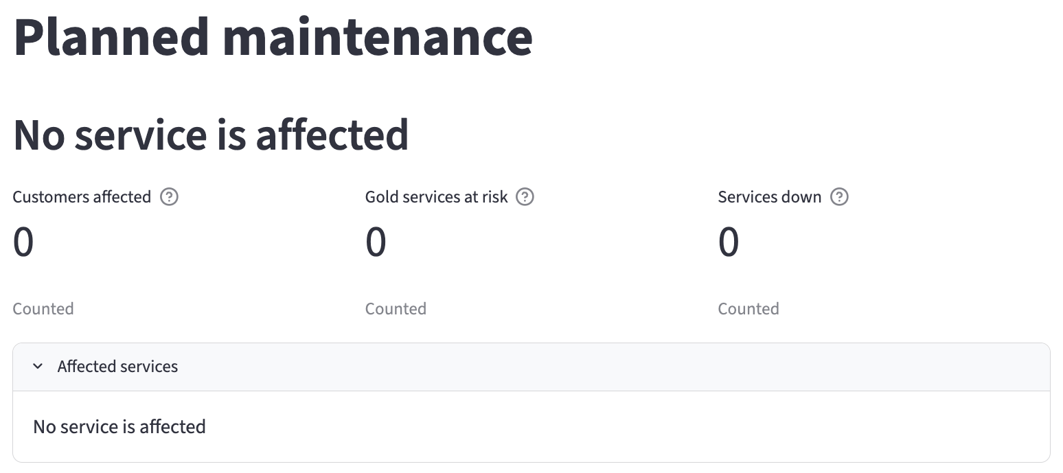 The Planned maintenance page for the current network: no service is affected