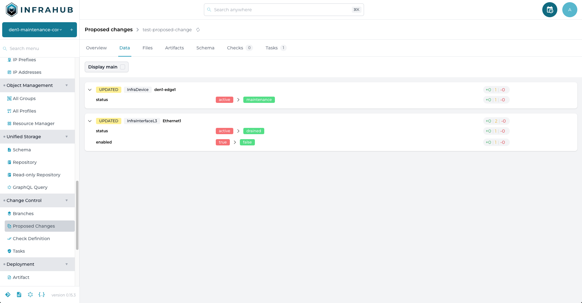 &quot;View of a diff between two branches in Infrahub v0.15.3.&quot;