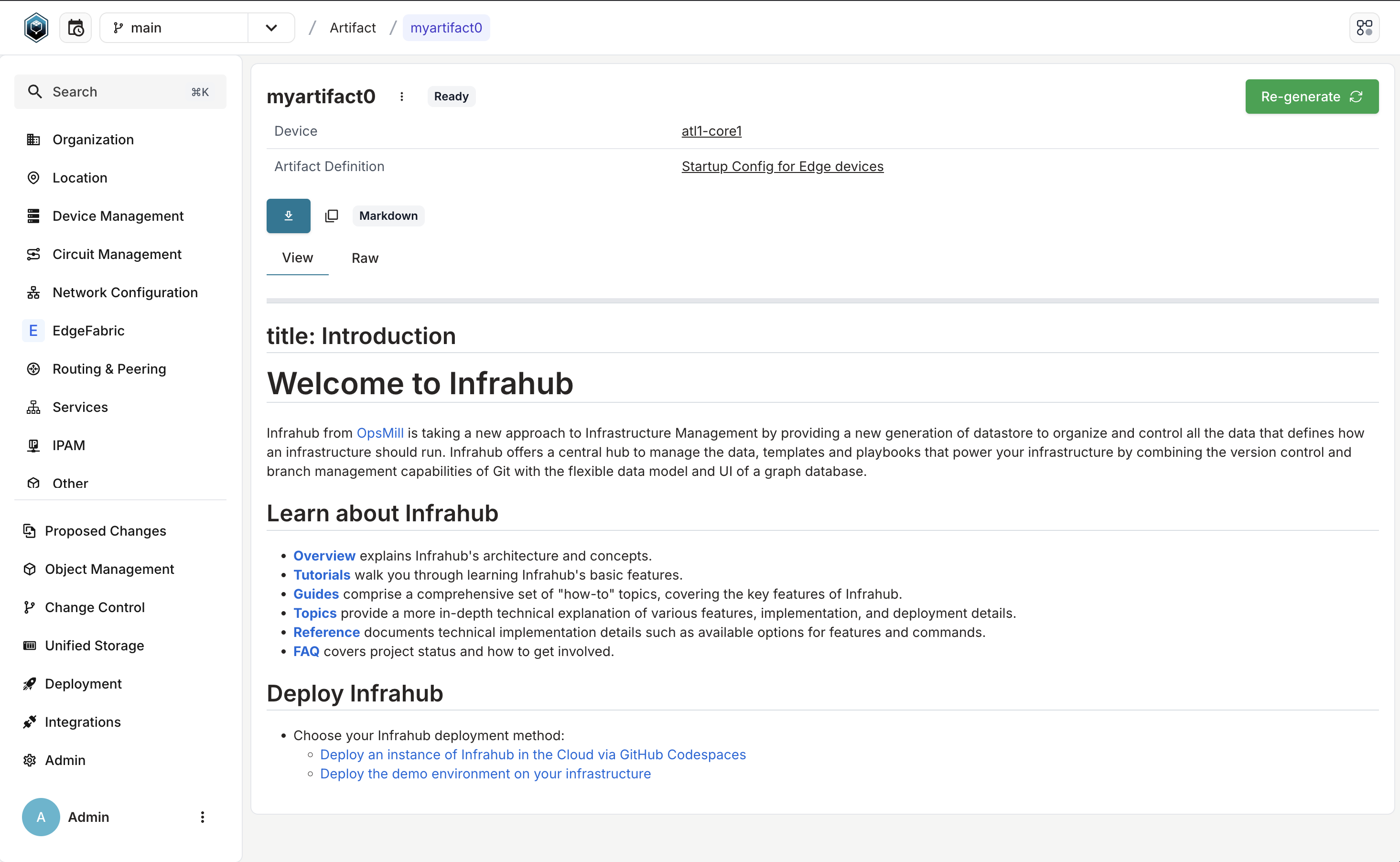 &quot;Example screenshot of Infrahub 1.1.6 showing an Artifact of Markdown type rendered for preview.&quot;