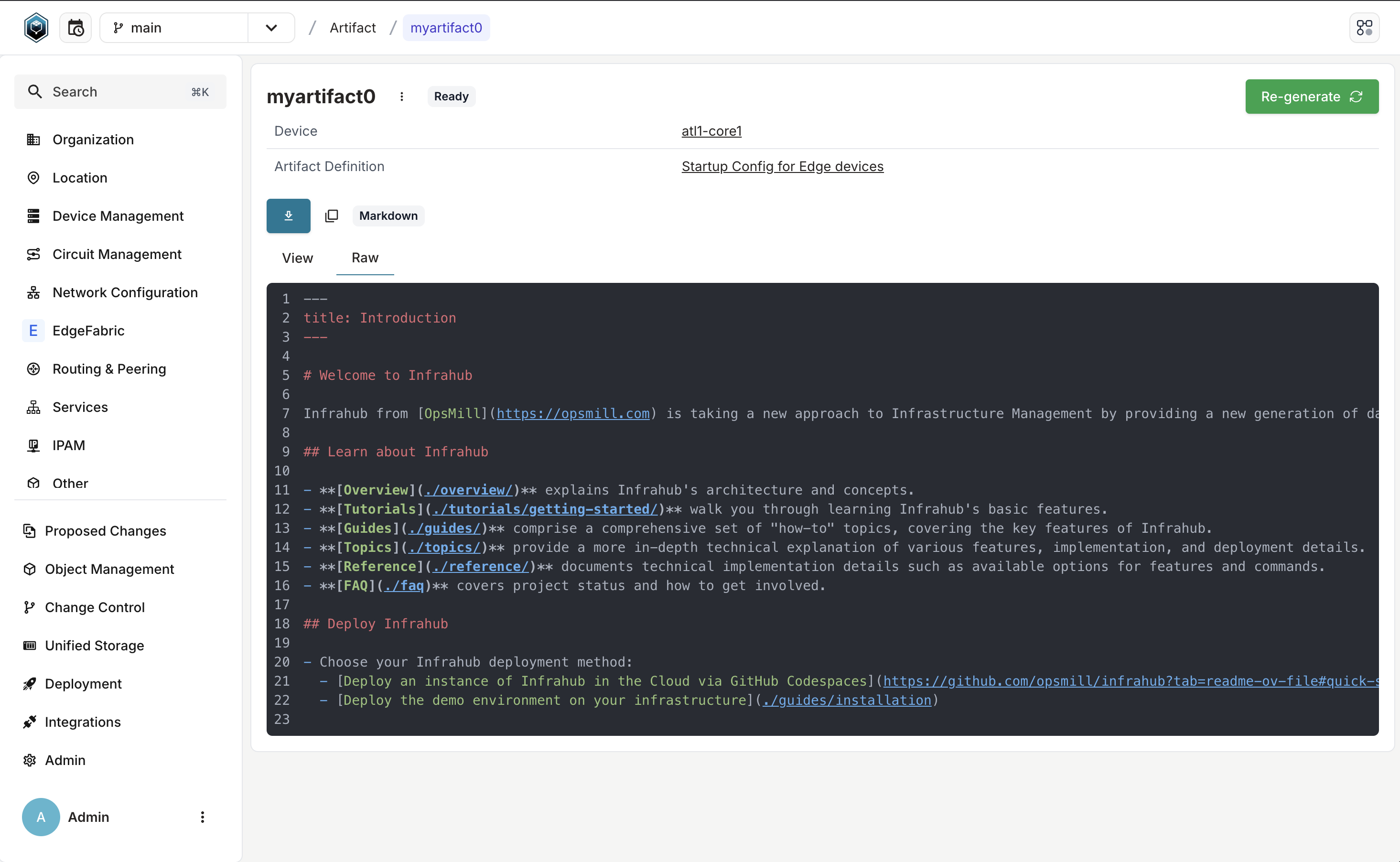 &quot;Example screenshot of Infrahub 1.1.6 showing an Artifact of Markdown type with syntax highlighting.&quot;