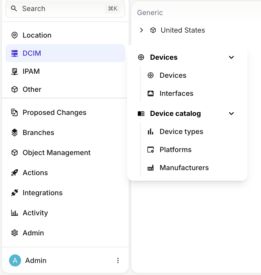 DCIM section open on the Devices group, with Devices and Interfaces, and the Device catalog group, with Device types, Platforms and Manufacturers