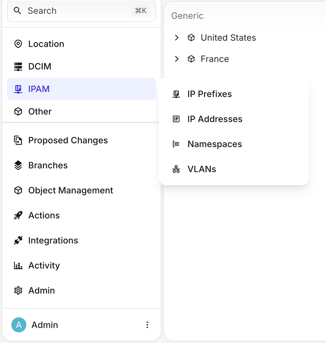 IPAM section with the IP Prefixes, IP Addresses, Namespaces and VLANs entries