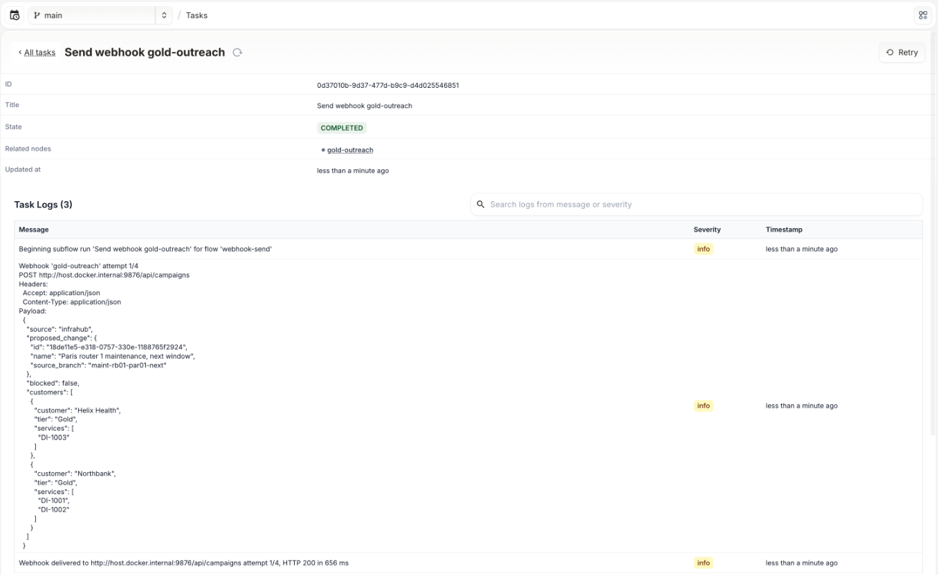 The Send webhook gold-outreach task in Infrahub: state completed, the POST to the configured endpoint, the body with Helix Health and Northbank as Gold customers, and the line "Webhook delivered … HTTP 200"