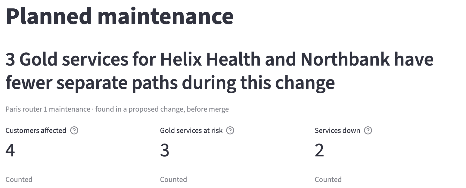 The Planned maintenance page for Paris router 1 maintenance: the headline and the three tiles