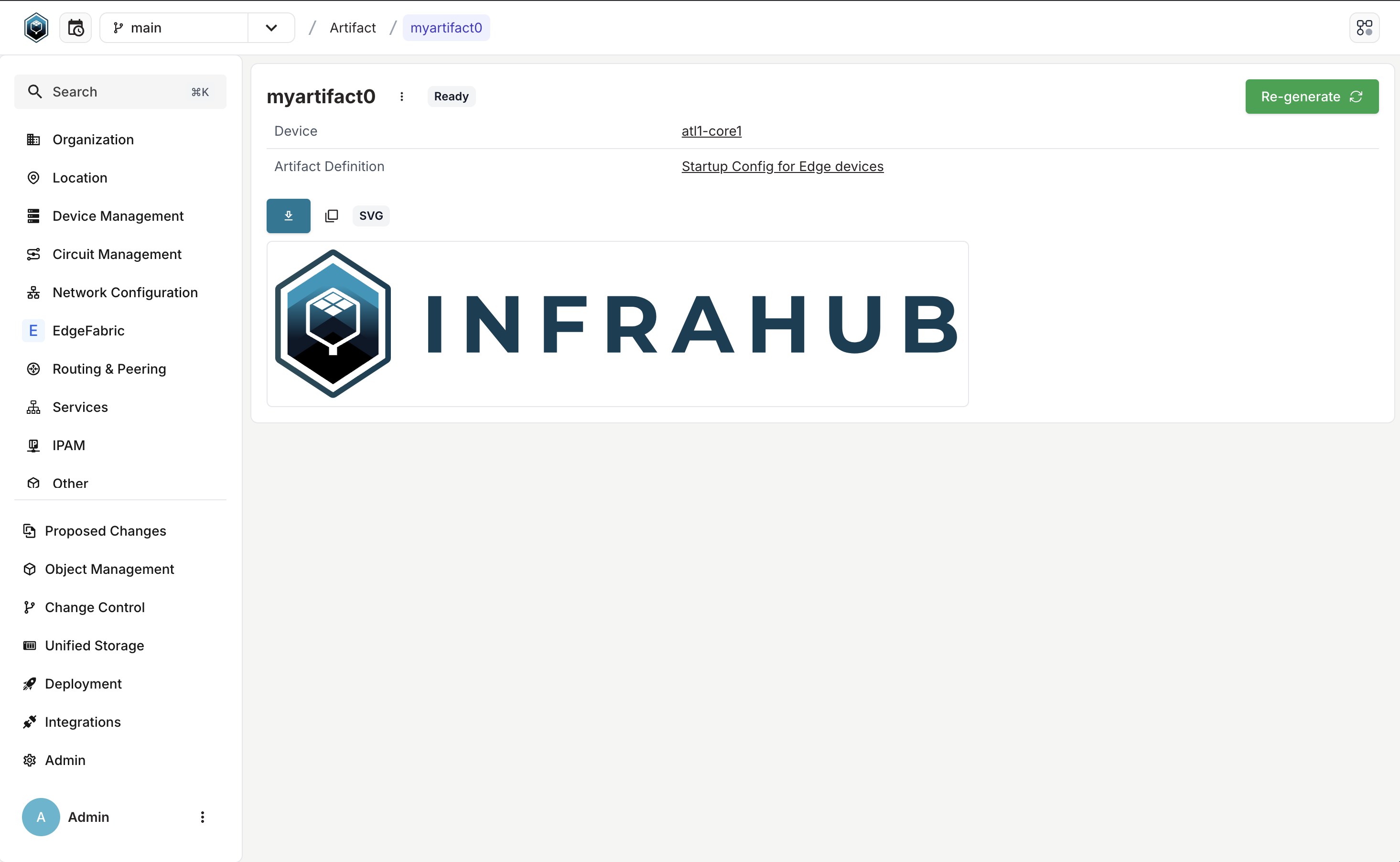 &quot;Example screenshot of Infrahub 1.1.6 showing an Artifact of SVG type.&quot;