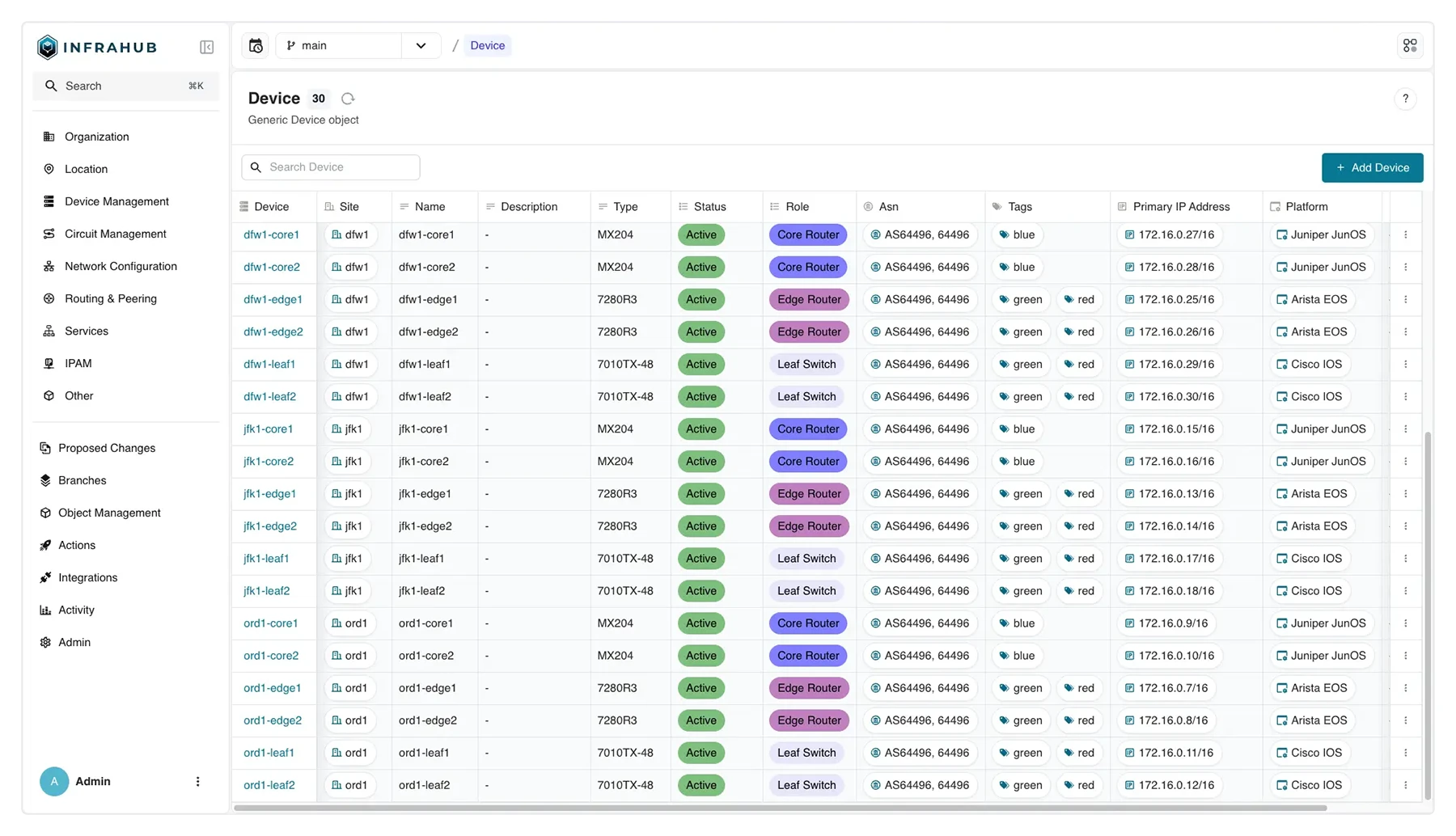 The Infrahub web interface listing devices, with the branch selector set to main